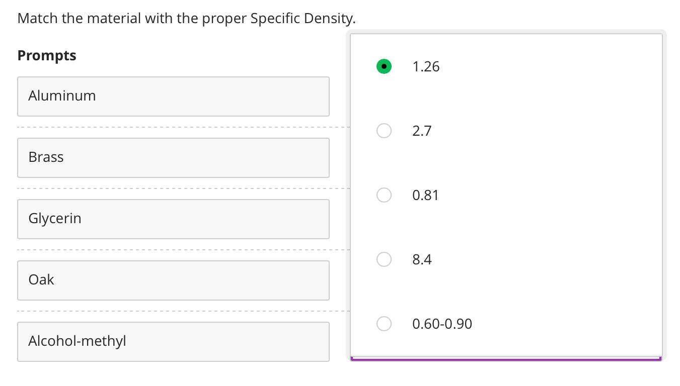 Solved Match the material with the proper Specific Density. | Chegg.com