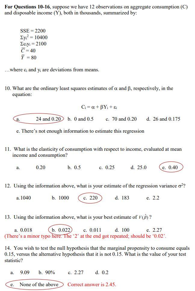 Solved For Questions 10-16, suppose we have 12 observations | Chegg.com