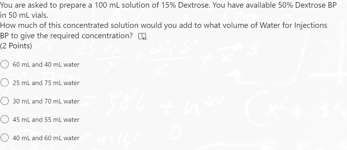 Solved You are asked to prepare a 100 mL solution of 15% | Chegg.com