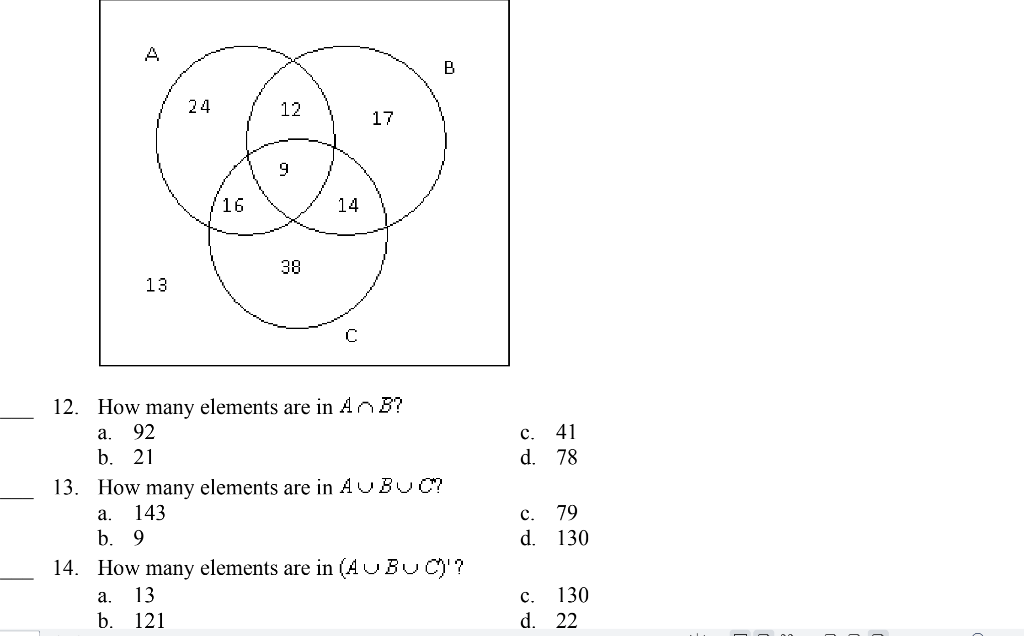 Solved A B 24 12 17 9 16 14 38 13 c. 41 d. 78 12. How many | Chegg.com