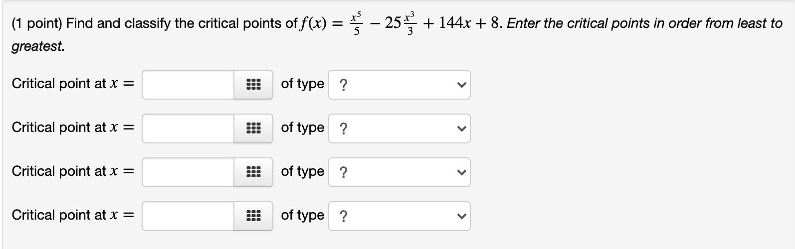Solved (1 point) Find and classify the critical points of | Chegg.com
