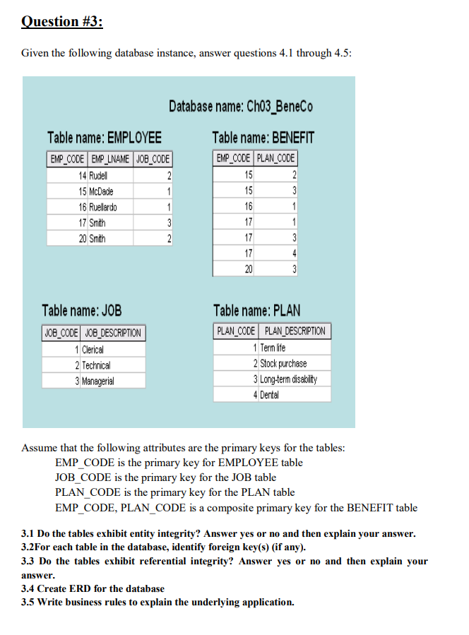 Solved Question #3: Given the following database instance, | Chegg.com