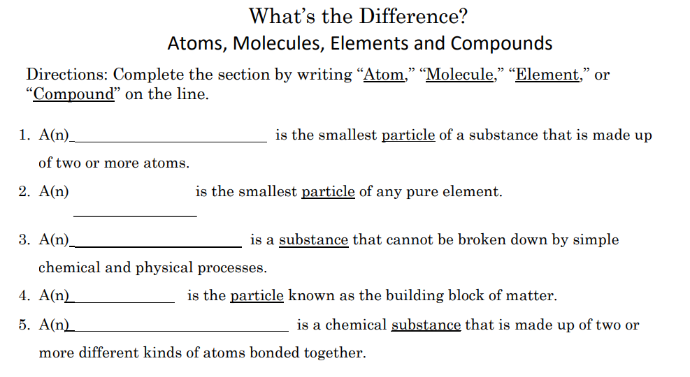 Atoms, Molecules, and Compounds