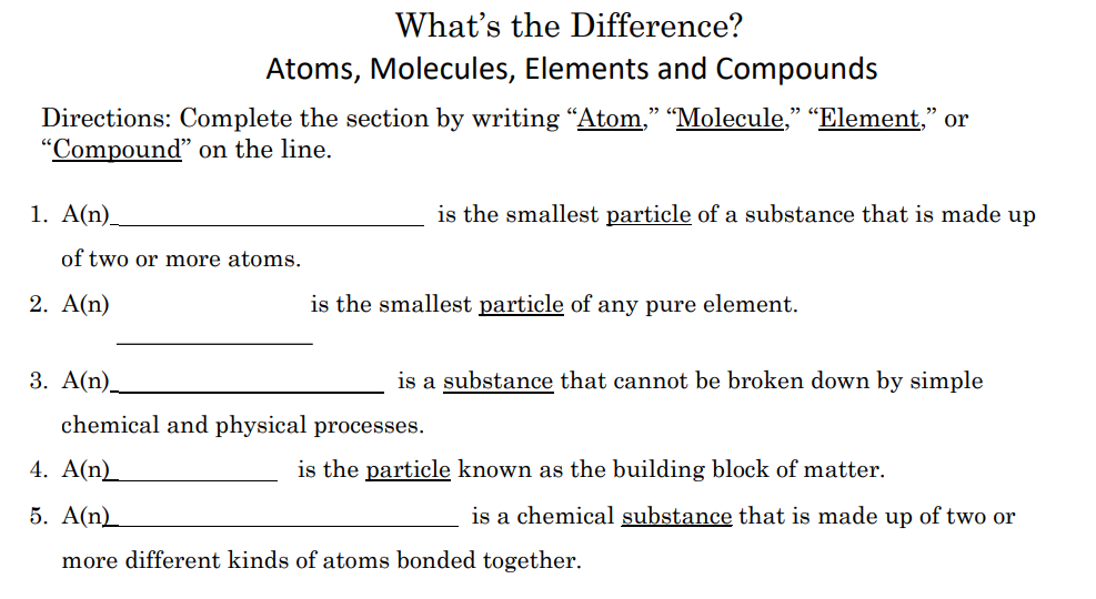 Solved What's the Difference? Atoms, Molecules, Elements and | Chegg.com