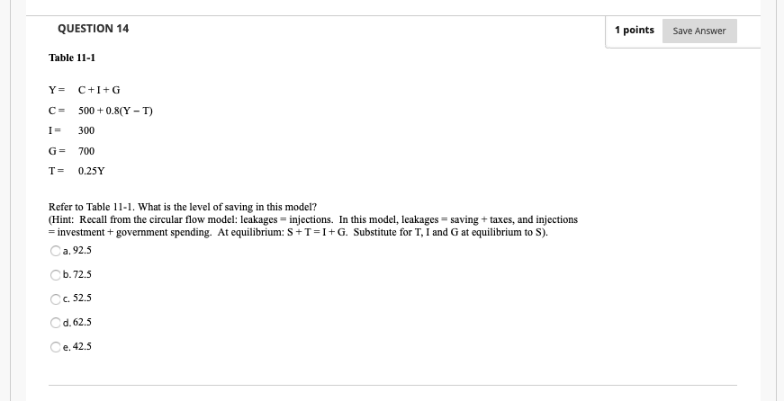 Solved QUESTION 14 1 points Save Answer Table 11-1 Y= C+I+G | Chegg.com