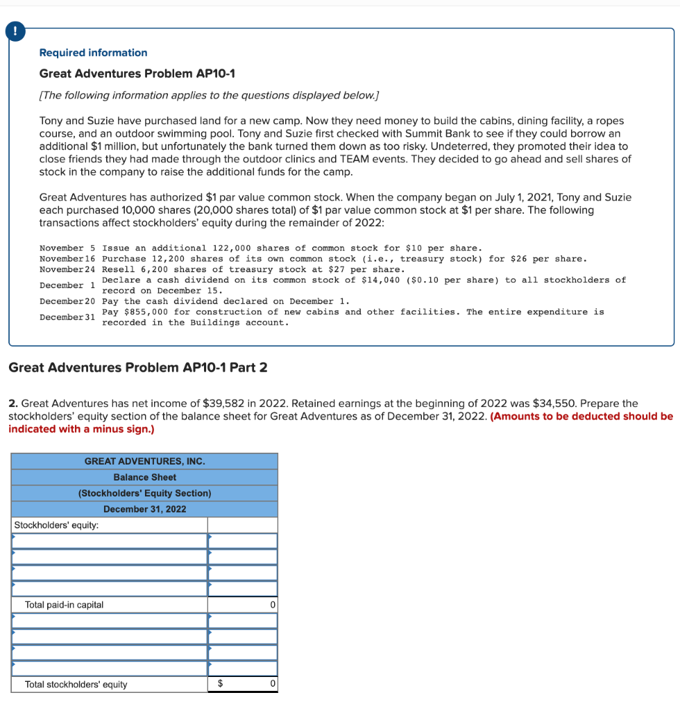 Solved Required information Great Adventures Problem AP10-1 | Chegg.com