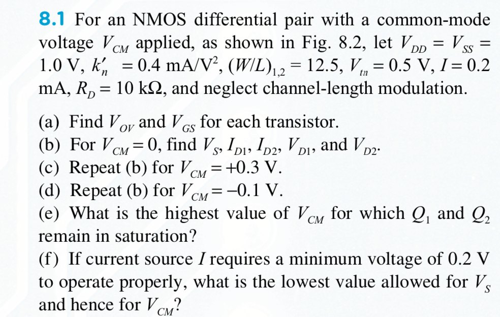 Solved 8.1 For An NMOS Differential Pair With A Common-mode | Chegg.com