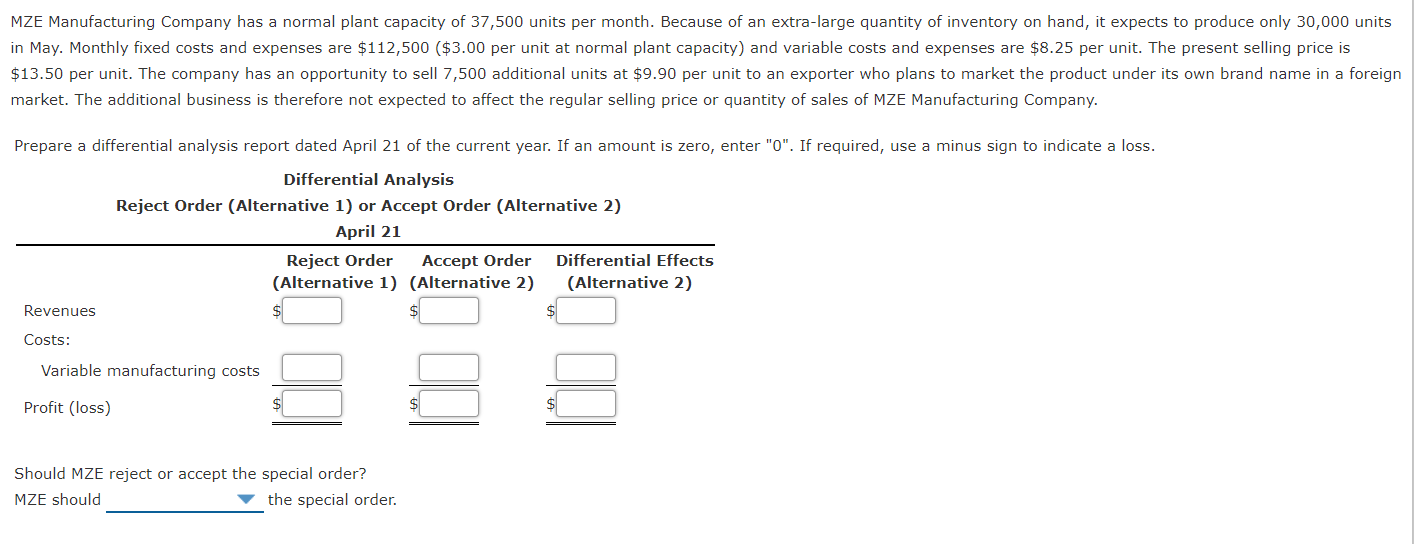 Solved MZE Manufacturing Company Has A Normal Plant Capacity Chegg