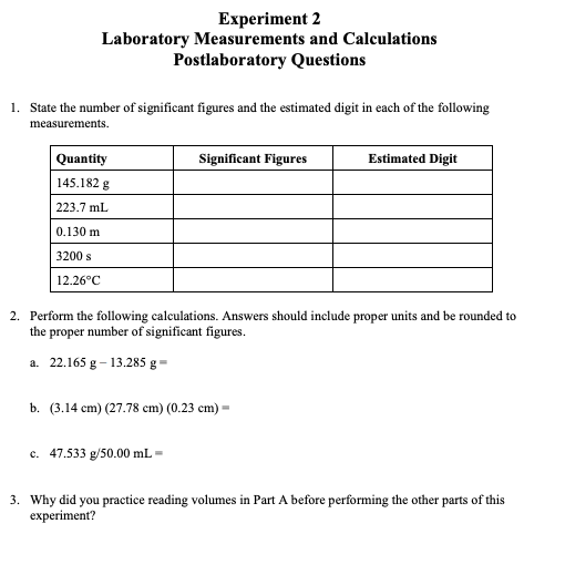 Solved Experiment 2 Laboratory Measurements and Calculations | Chegg.com