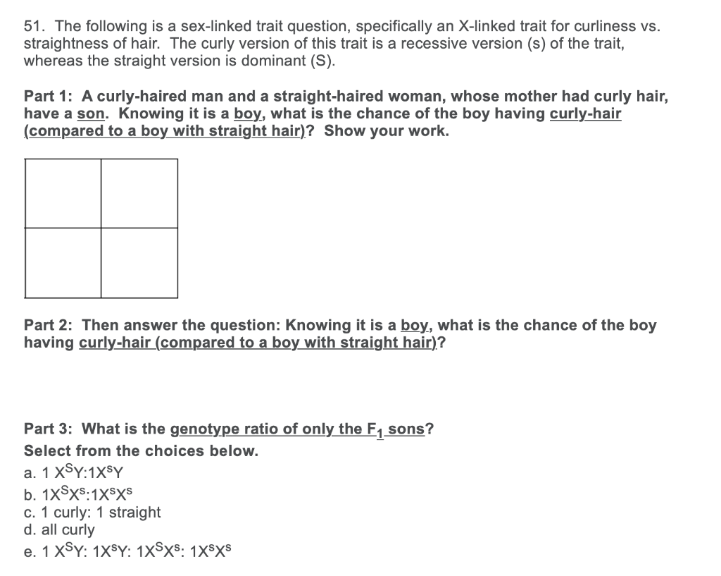 Solved 51. The following is a sex-linked trait question, | Chegg.com