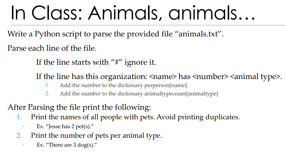 Solved In Class: Animals, animals Write a Python script to | Chegg.com