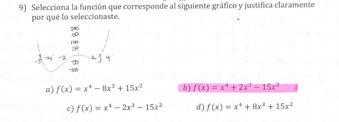 9) Selecciona la función que corresponde al siguiente gráfico y justifica claramente por qué lo seleccionaste. a) \( f(x)=x^{