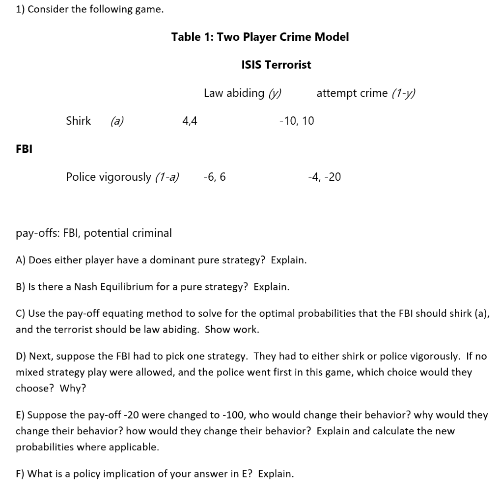 1) Consider the following game. Table 1: Two Player | Chegg.com