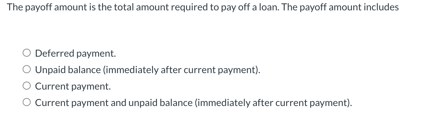 Solved The payoff amount is the total amount required to pay | Chegg.com