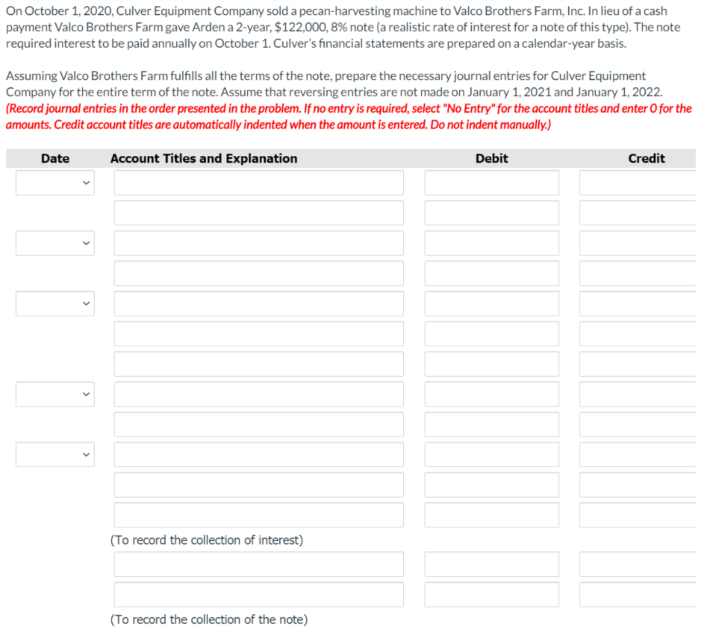 Solved On October 1 2020 Culver Equipment Company Sold Chegg Com