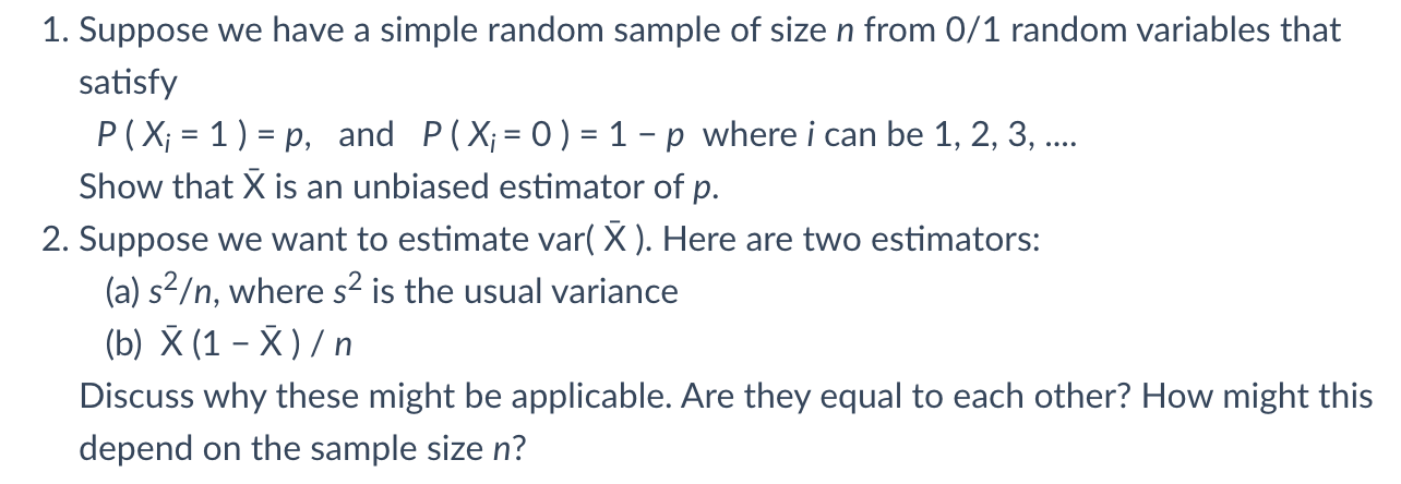Solved 1. Suppose we have a simple random sample of size n | Chegg.com