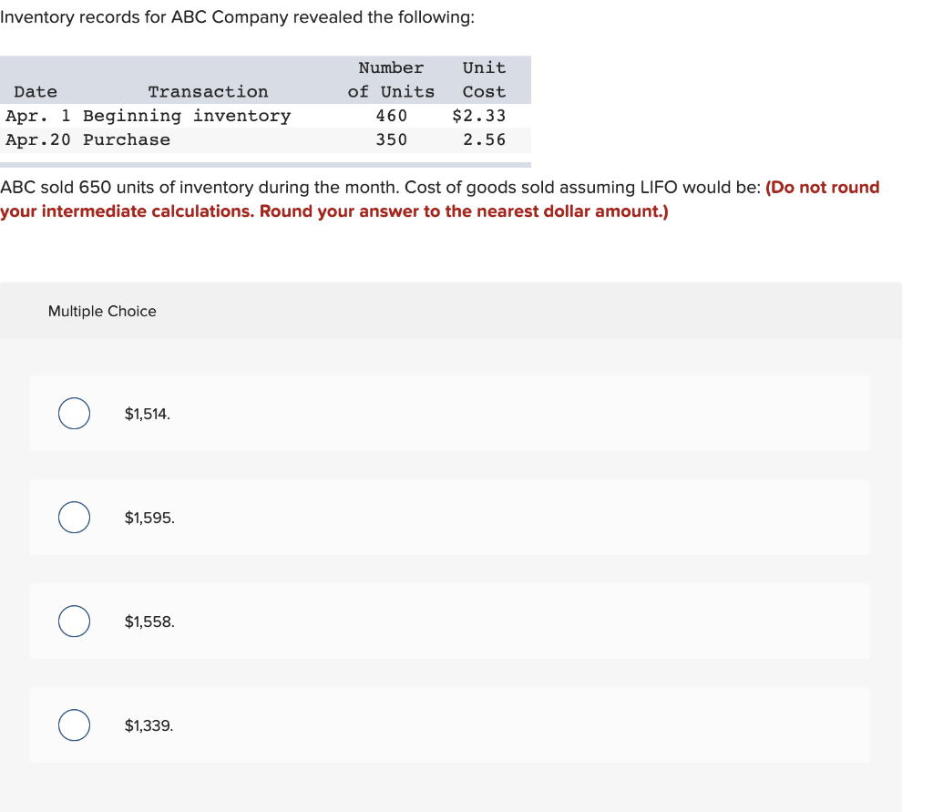 Solved Inventory Records For ABC Company Revealed The | Chegg.com