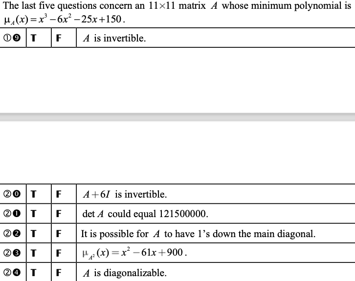 Solved The last five questions concern an 11x11 matrix A | Chegg.com