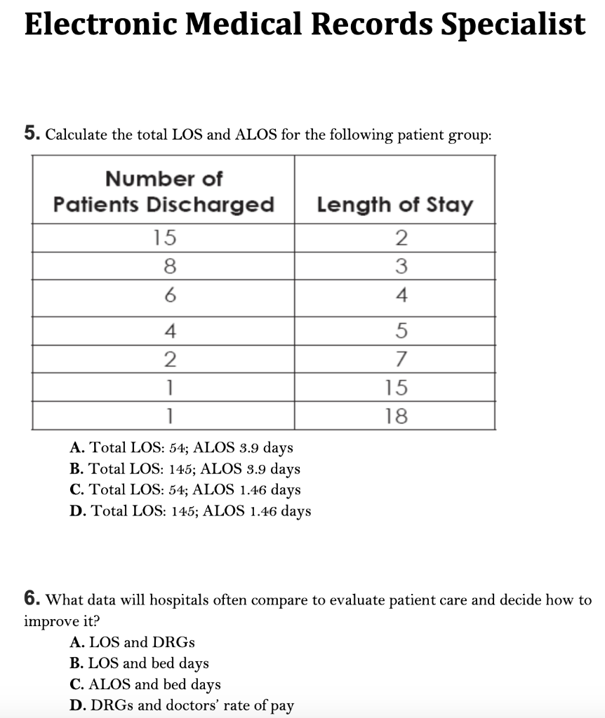 Electronic Medical Records Specialist 5. Calculate the total LOS and ALOS for the following patient group: Number of Patients