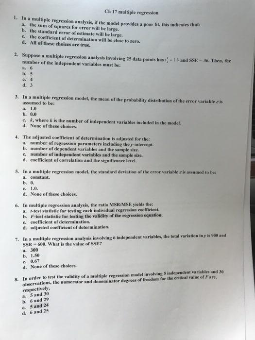 Solved Ch 17 multiple regression 1. In a multiple regression | Chegg.com