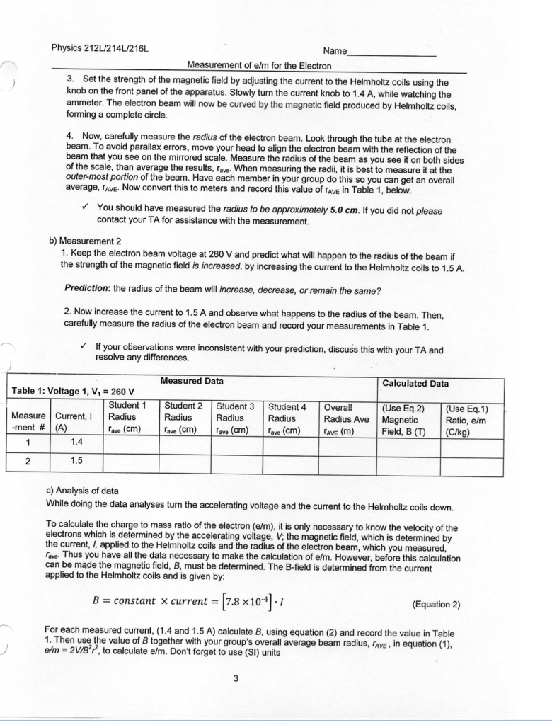 Solved quest your 1A! III. Experiment 1) Measuring elm For | Chegg.com