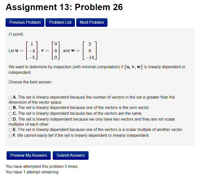 Solved Assignment 13: Problem 26 Previous Problem Problem | Chegg.com