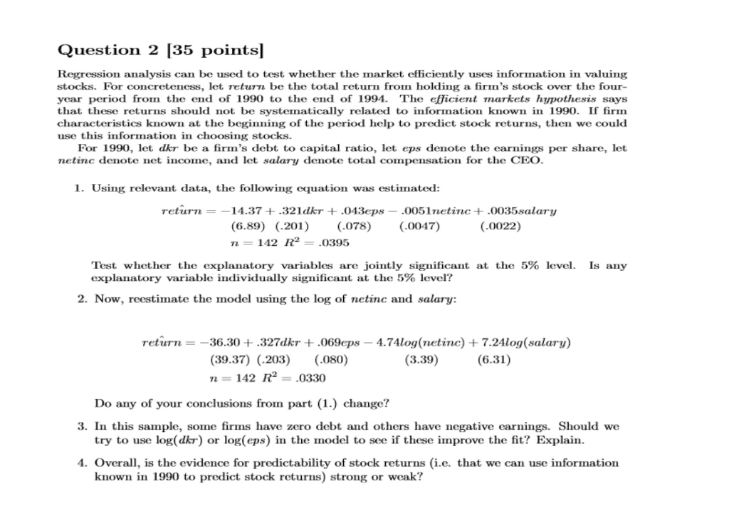 Question 2 [35 points] Regression analysis can be | Chegg.com