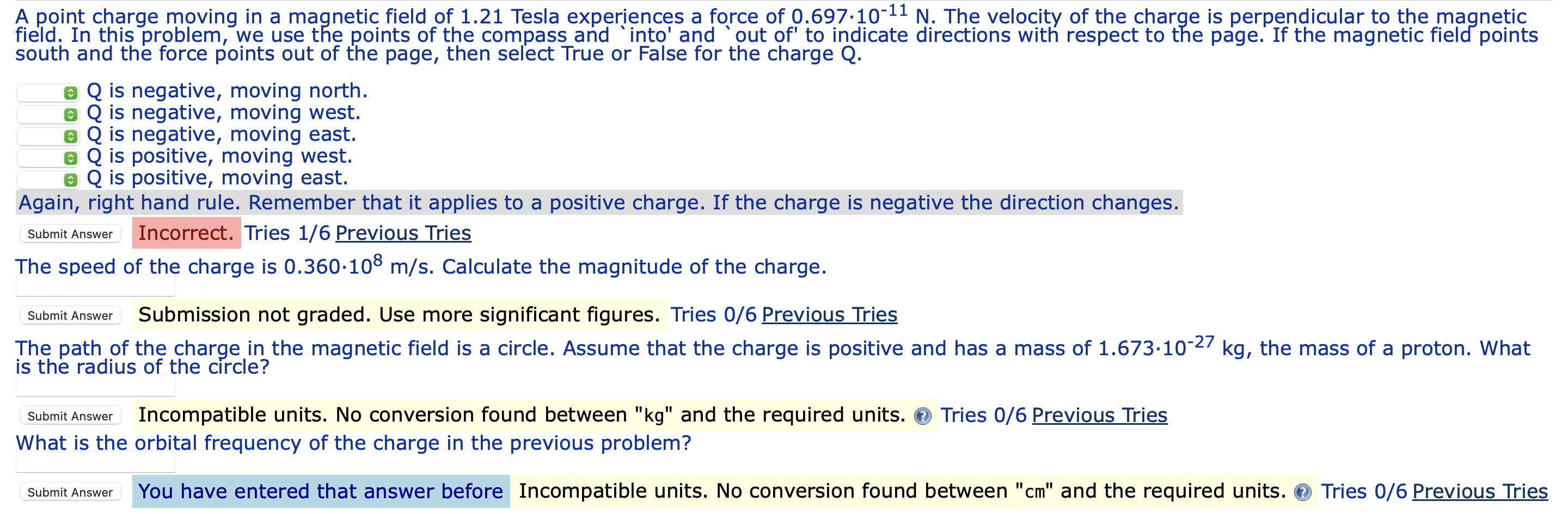 Solved A point charge moving in a magnetic field of 1.21 | Chegg.com