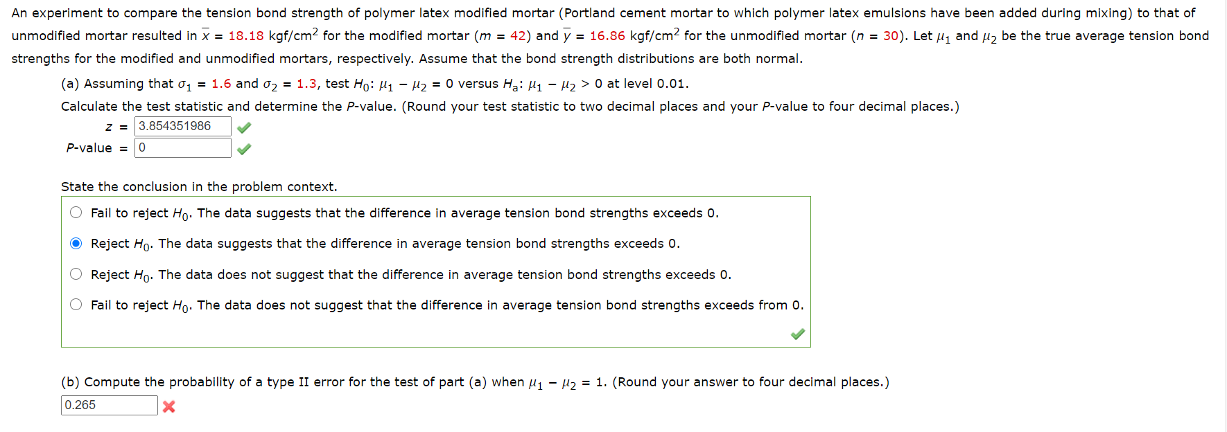 Solved An experiment to compare the tension bond strength of | Chegg.com