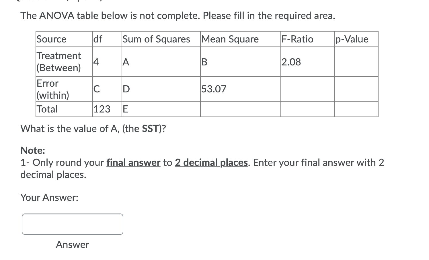 Solved The ANOVA table below is not complete. Please fill in | Chegg.com