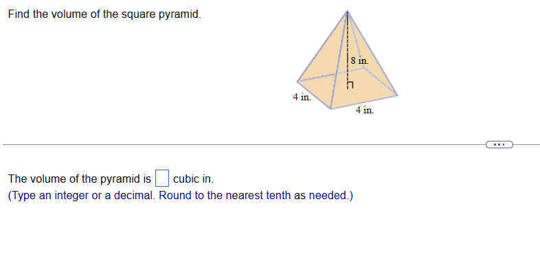 Solved Find the volume of the square pyramid.The volume of | Chegg.com