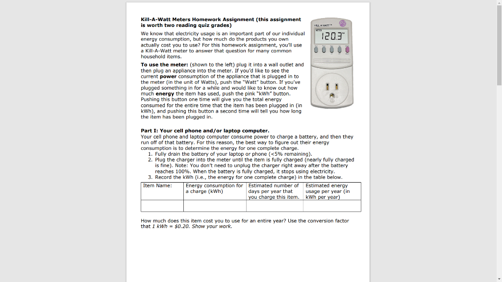 NLL A WATT 1203 Kill-A-Watt Meters Homework | Chegg.com