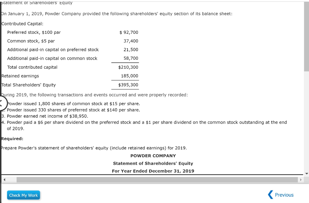 Solved Statement Of Shareholders' Equity On January 1, 2019, | Chegg.com