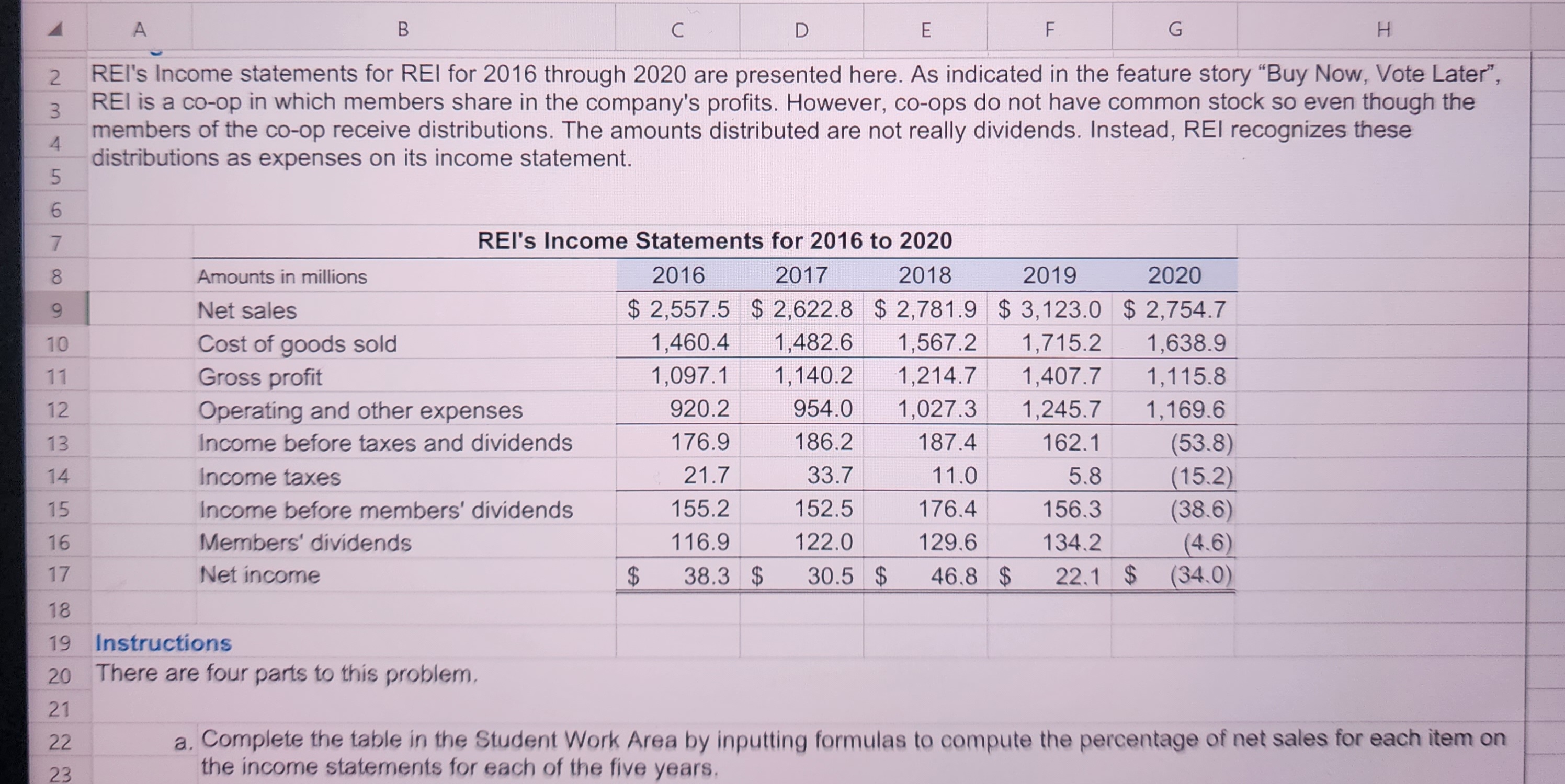 Solved Student Work Area a. REI's Income Statement' | Chegg.com