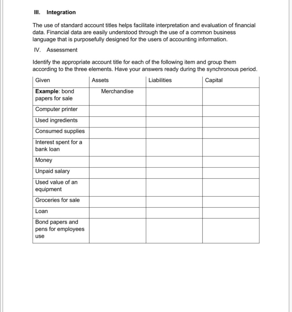 Solved III. Integration The use of standard account titles