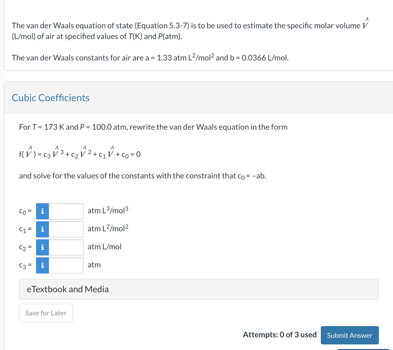 Solved The van der Waals equation of state (Equation 5.3-7) | Chegg.com