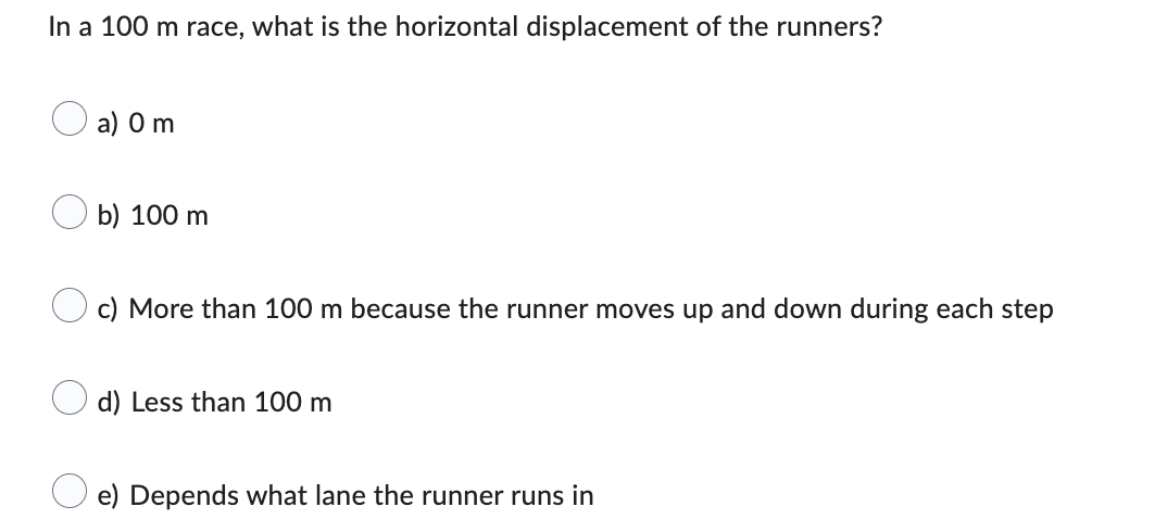 In a \( 100 \mathrm{~m} \) race, what is the horizontal displacement of the runners?
a) \( 0 \mathrm{~m} \)
b) \( 100 \mathrm