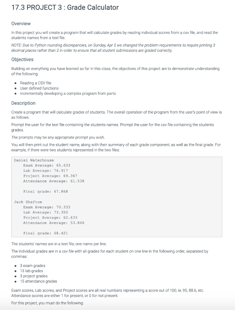 Solved 17.3 PROJECT 3 : Grade Calculator Overview In this | Chegg.com