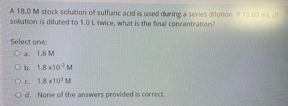 Solved A 18.0 M stock solution of sulfuric acid is used | Chegg.com