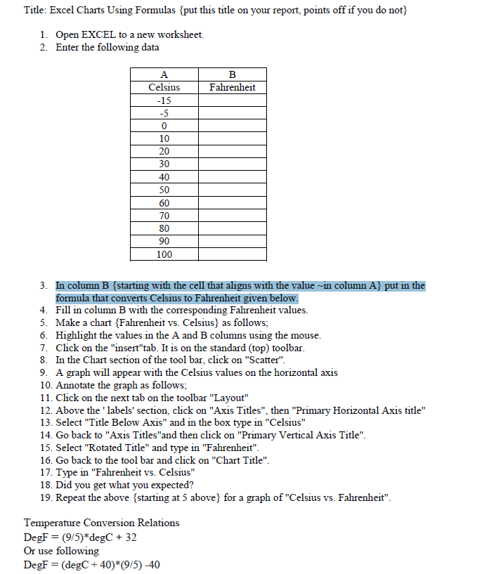 Solved Title: Excel Charts Using Formulas \{put this title | Chegg.com