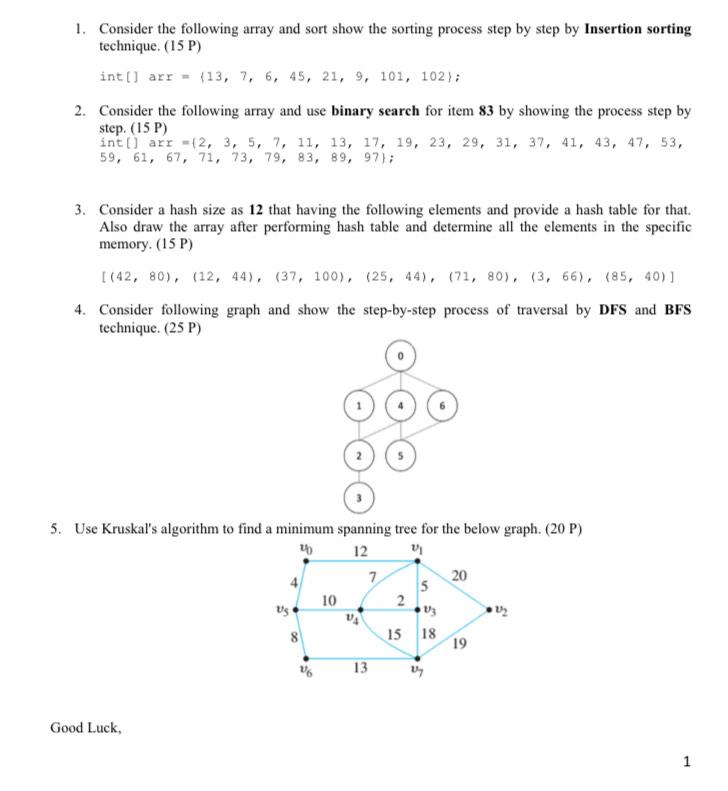 Solved 1. Consider The Following Array And Sort Show The | Chegg.com