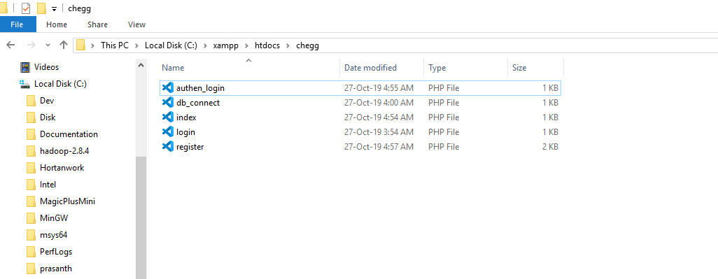 = chegg Home Share File View 1 This PC > Local Disk (C:) > xampp > htdocs > chegg Name Date modified Type Size 1 KB 1 KB auth
