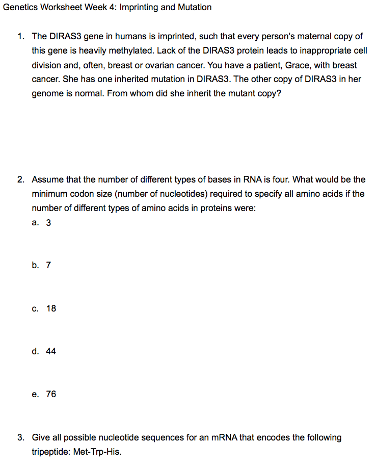 Solved Genetics Worksheet Week 4: Imprinting and Mutation 1. | Chegg.com