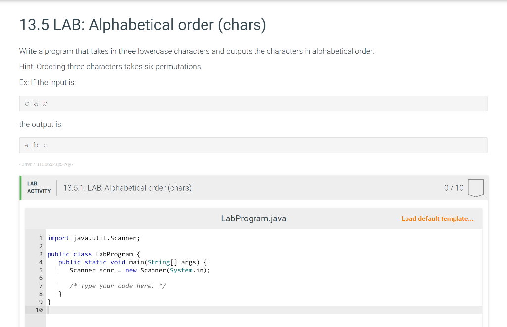 Solved 13 5 LAB: Alphabetical order (chars) Write a program Chegg com