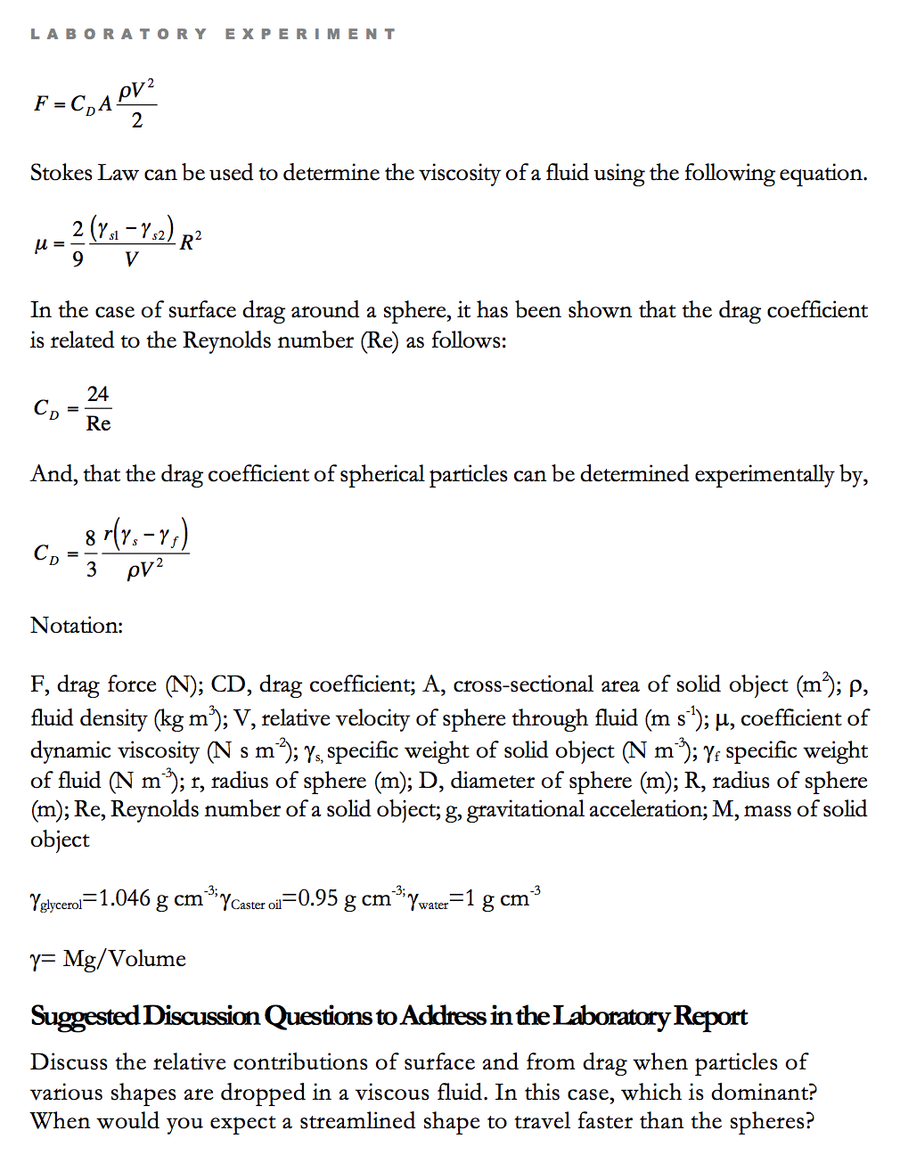 LABORATORY EXPERIMENT Exercise 1 Drag Coefficients