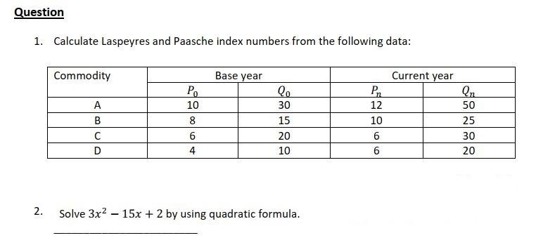 Solved Calculate Laspeyres And Paasche Index Numbers From | Chegg.com