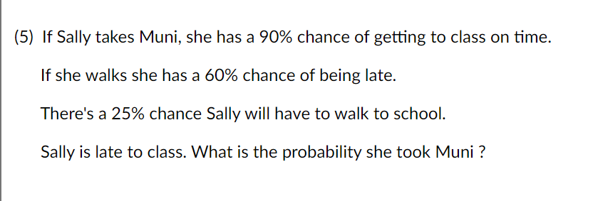Solved (5) If Sally takes Muni, she has a 90% chance of | Chegg.com