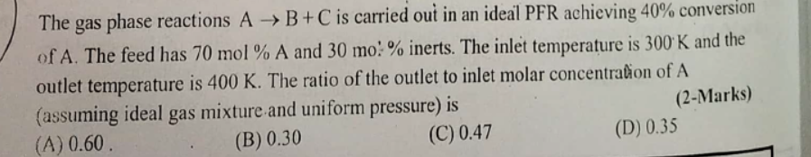 Solved The gas phase reactions A → B+C is carried out in an | Chegg.com