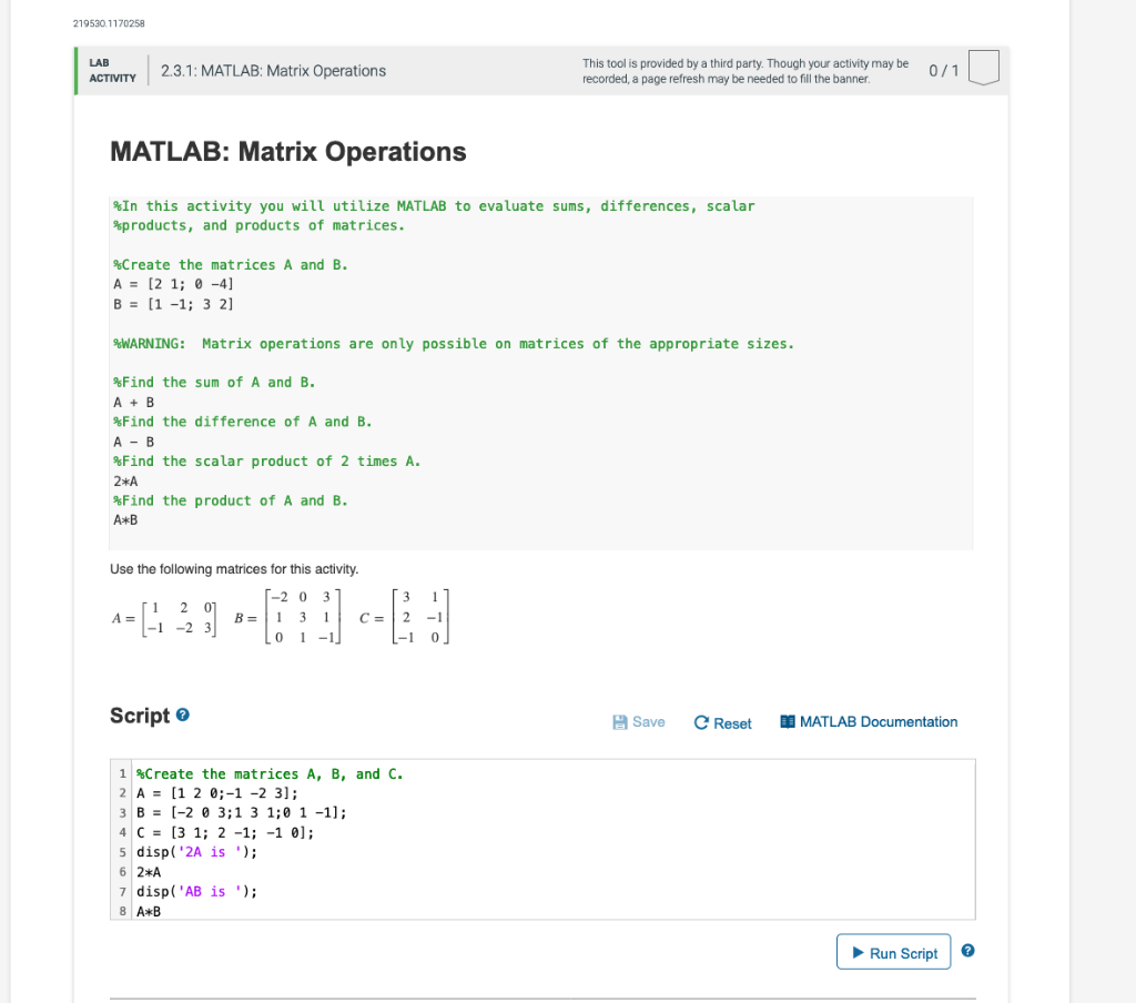 219530.1170258 LAB ACTIVITY 2.3.1: MATLAB: Matrix | Chegg.com