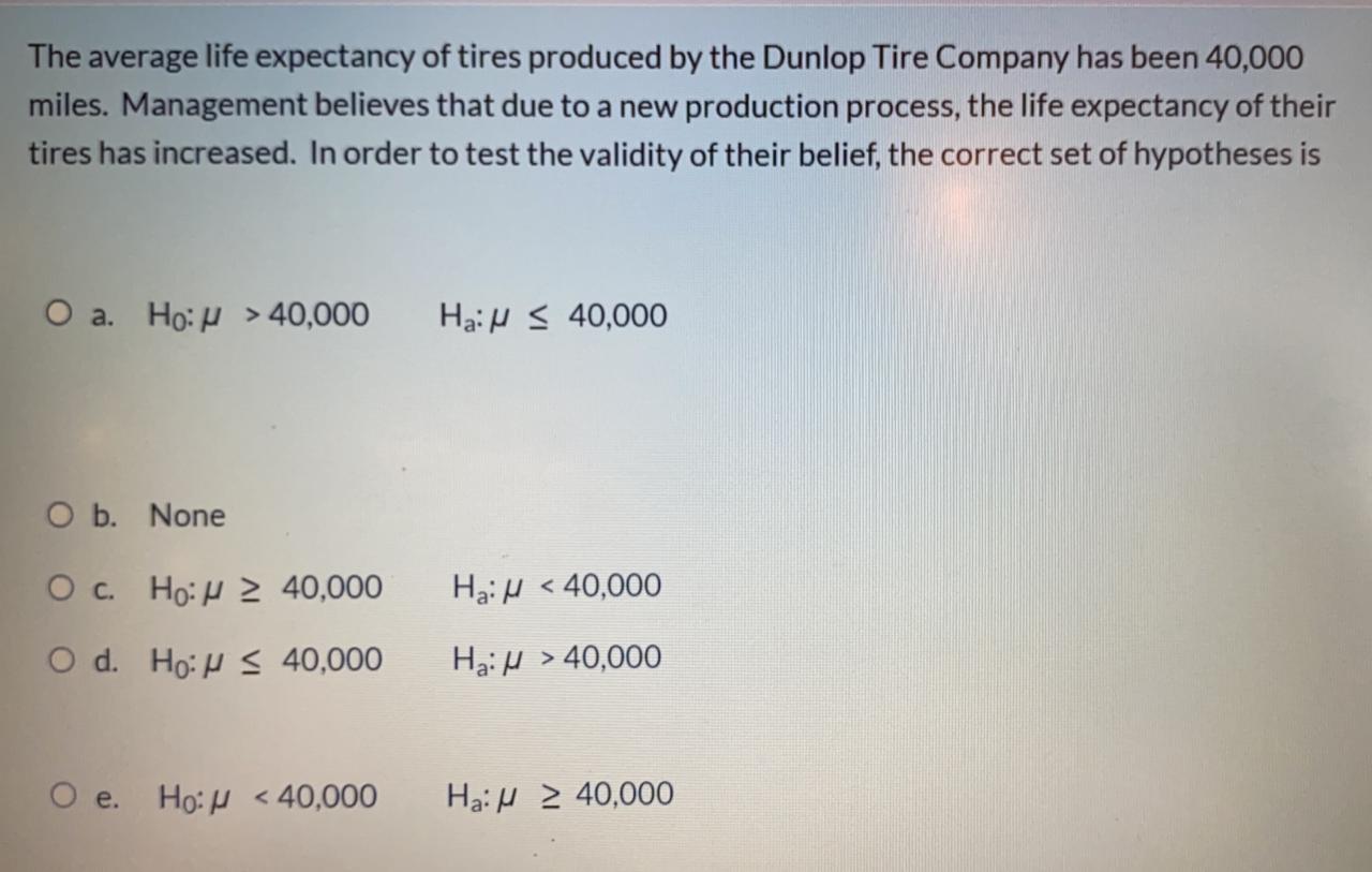 Solved The average life expectancy of tires produced by the